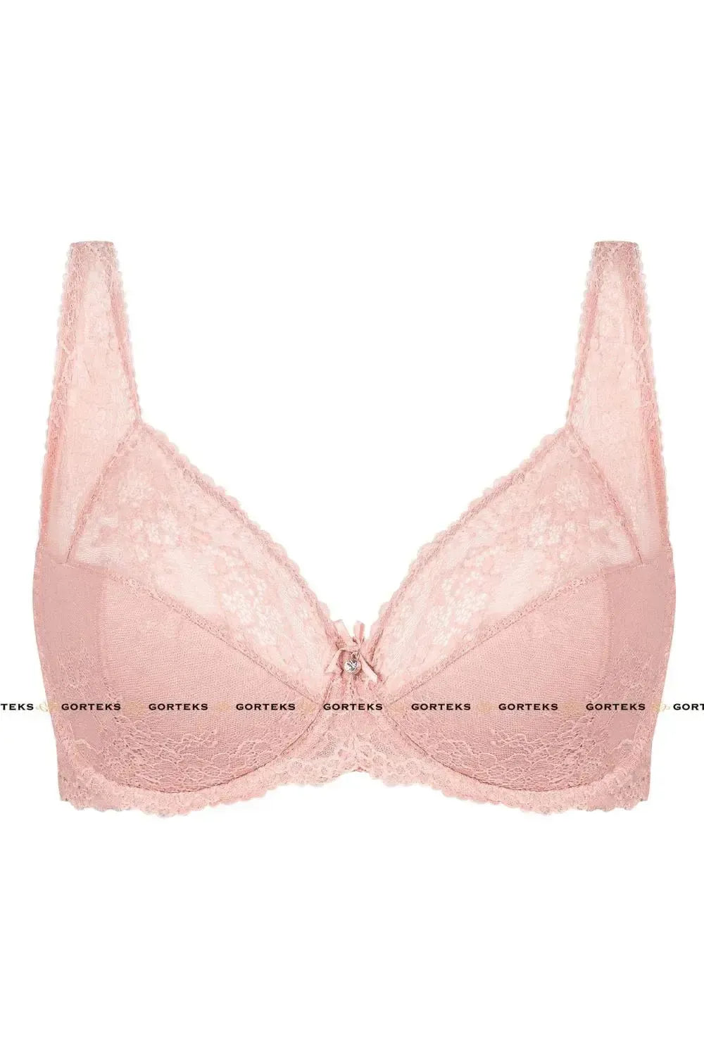 Sexy powder pink lace plunge bra B3 with floral pattern, ribbon bow, and shiny embellishment.