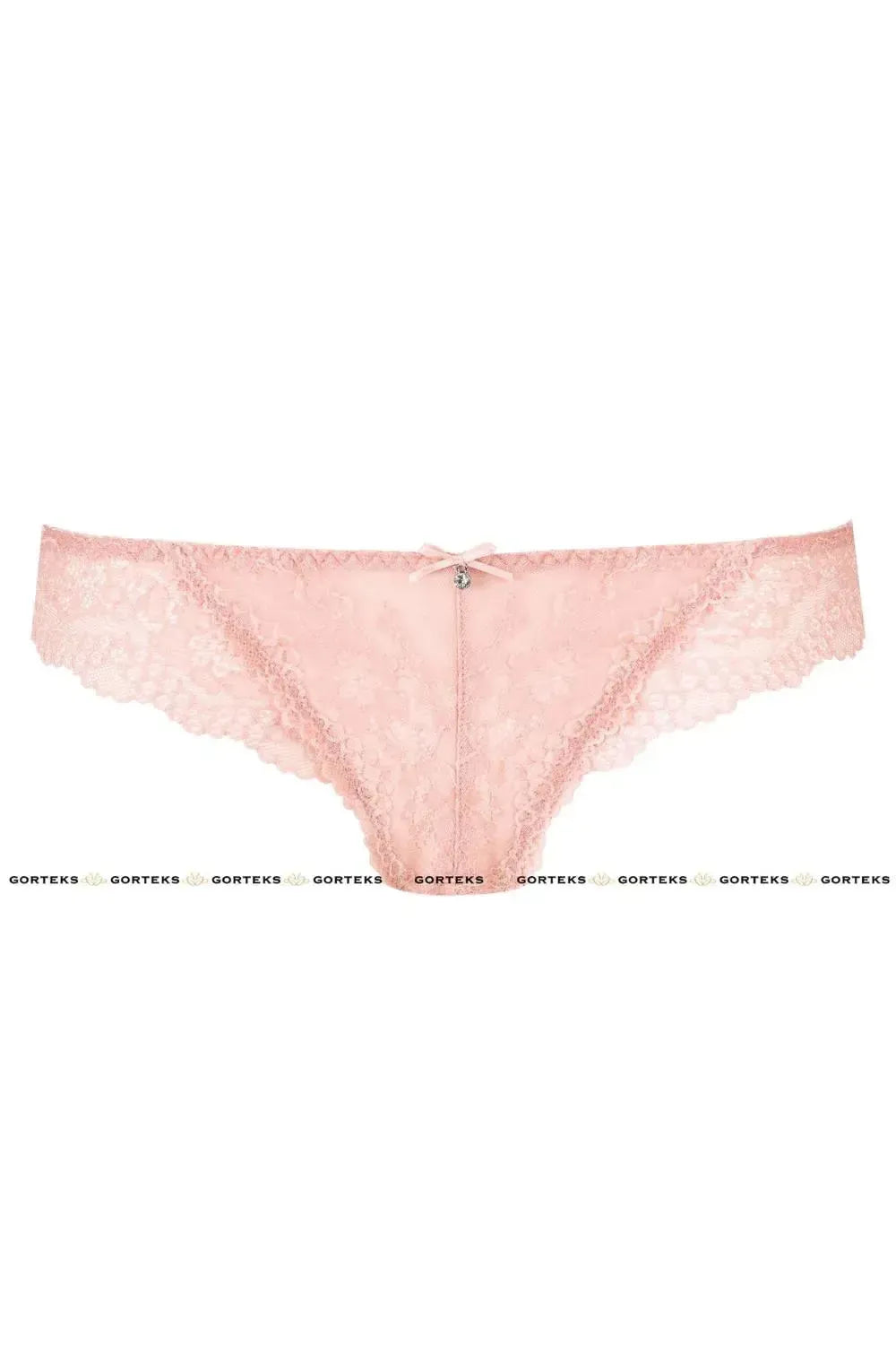 Sensual powder pink lace thong with ribbon bow and shiny embellishment.