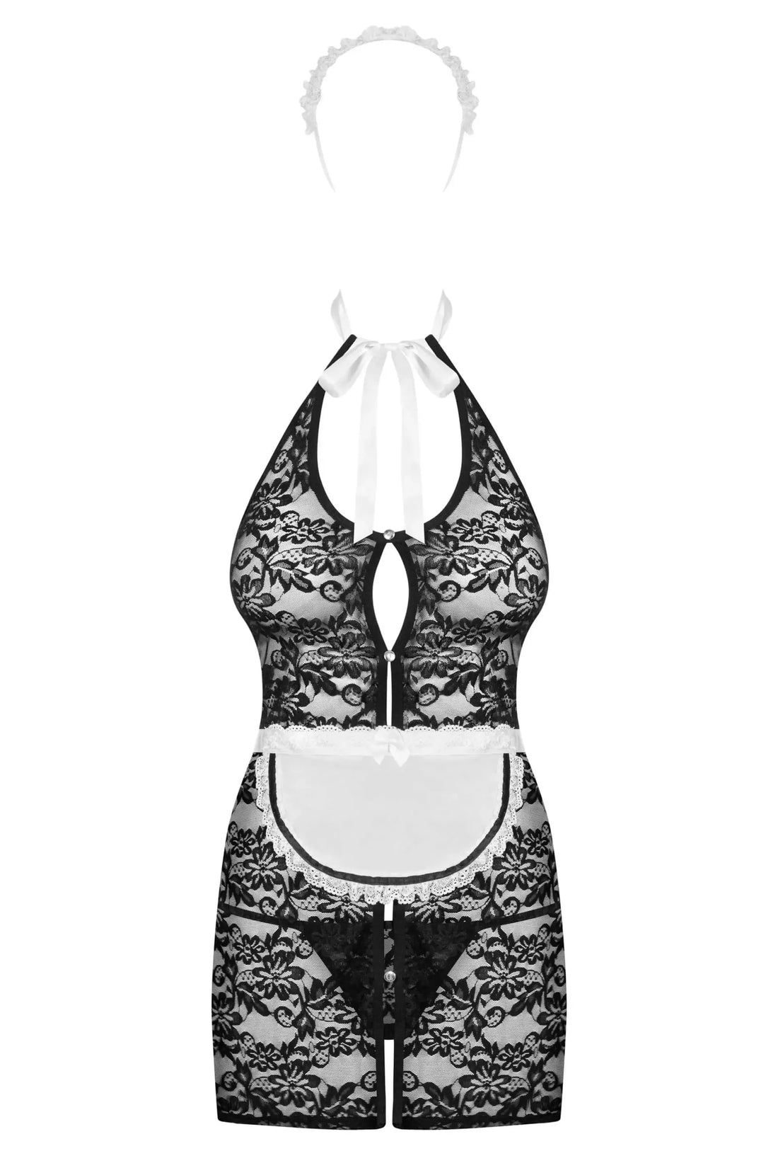 Seductive Servgirl black lace dress with floral pattern, white apron, headband, and neck lacing.