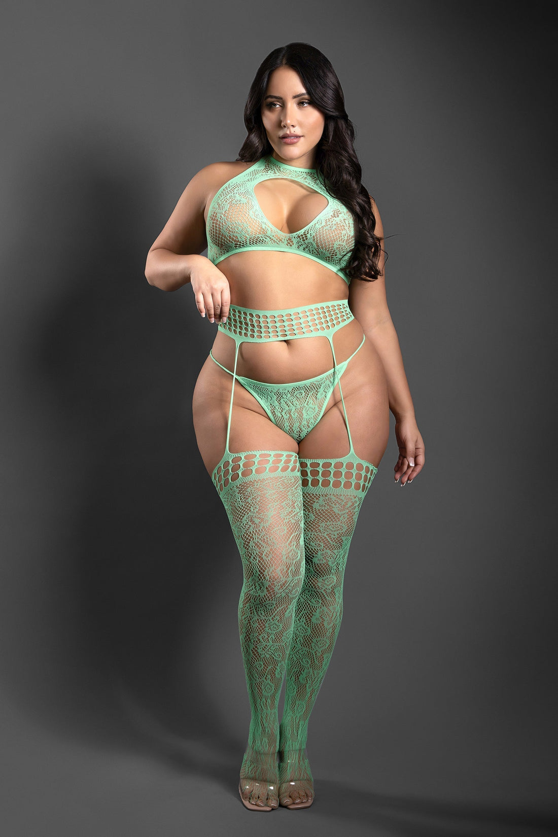 Fantasy Lingerie Sheer Heart Of Glass 3pc Gartered Stockings Set Seaglass Queen