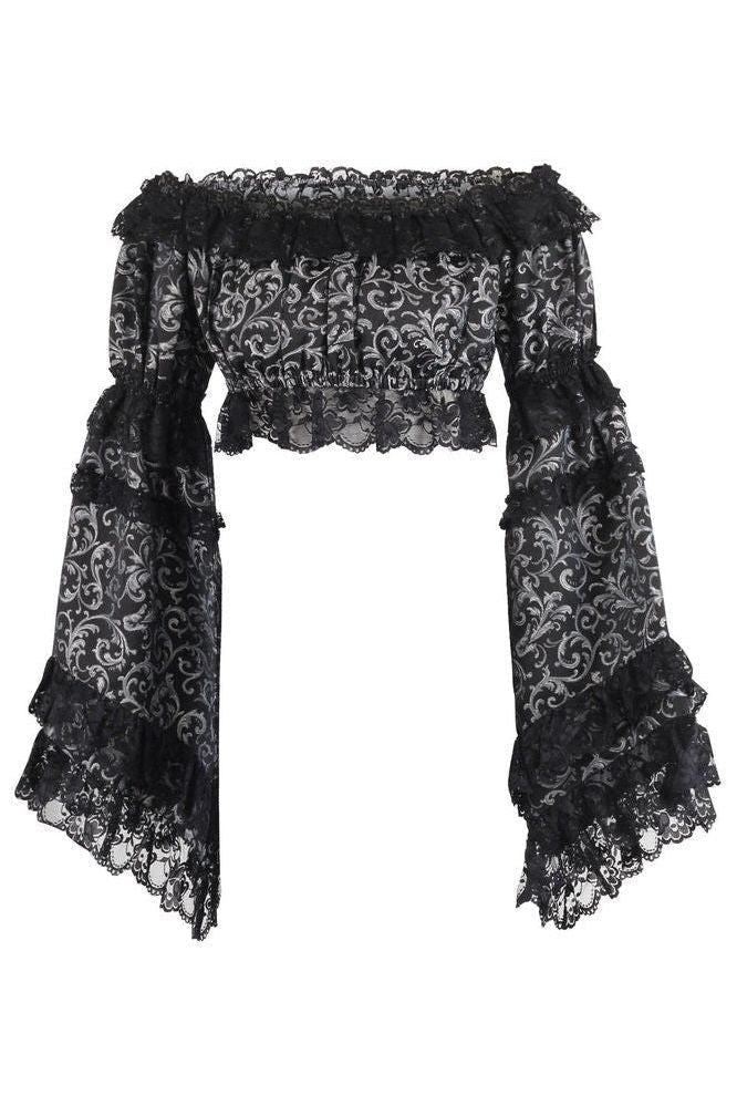 Daisy Corsets Silver/Black Brocade Smocked Flare Sleeve Peasant Top