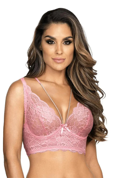 Gorgeous Axami Strawberry Shortcake pink lace longline corset bra with pearl straps and underwired cups.