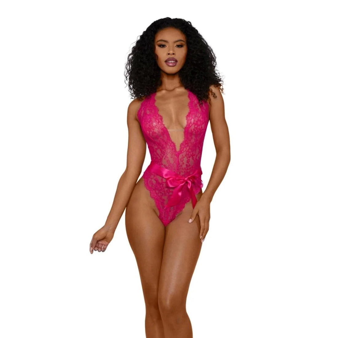 Dreamgirl Tiana Lace Teddy With Satin Tie Azalea