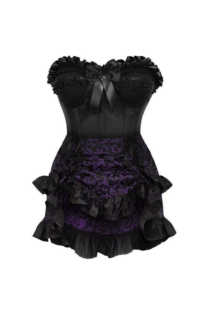 Daisy Corsets Top Drawer 2 PC Black Satin Steel Boned Burlesque Corset & Purple Brocade Skirt Set