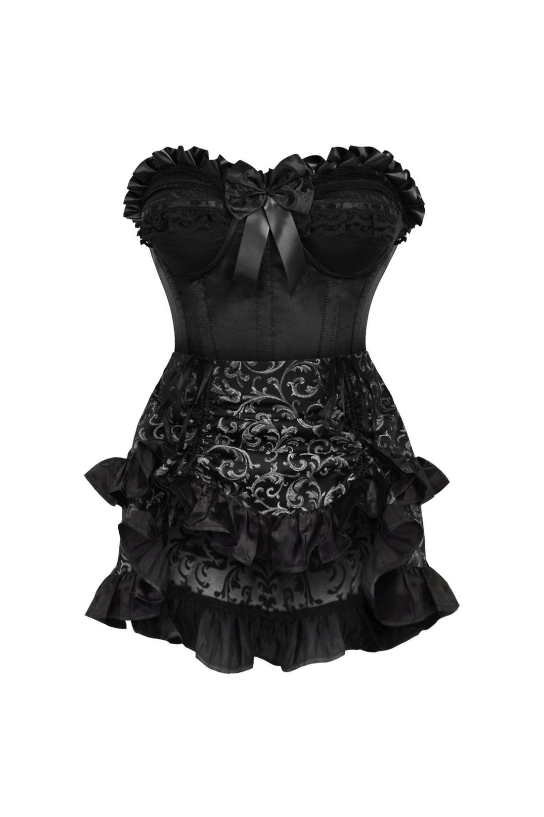 Daisy Corsets Top Drawer 2 PC Black Satin Steel Boned Burlesque Corset & Silver Brocade Skirt Set