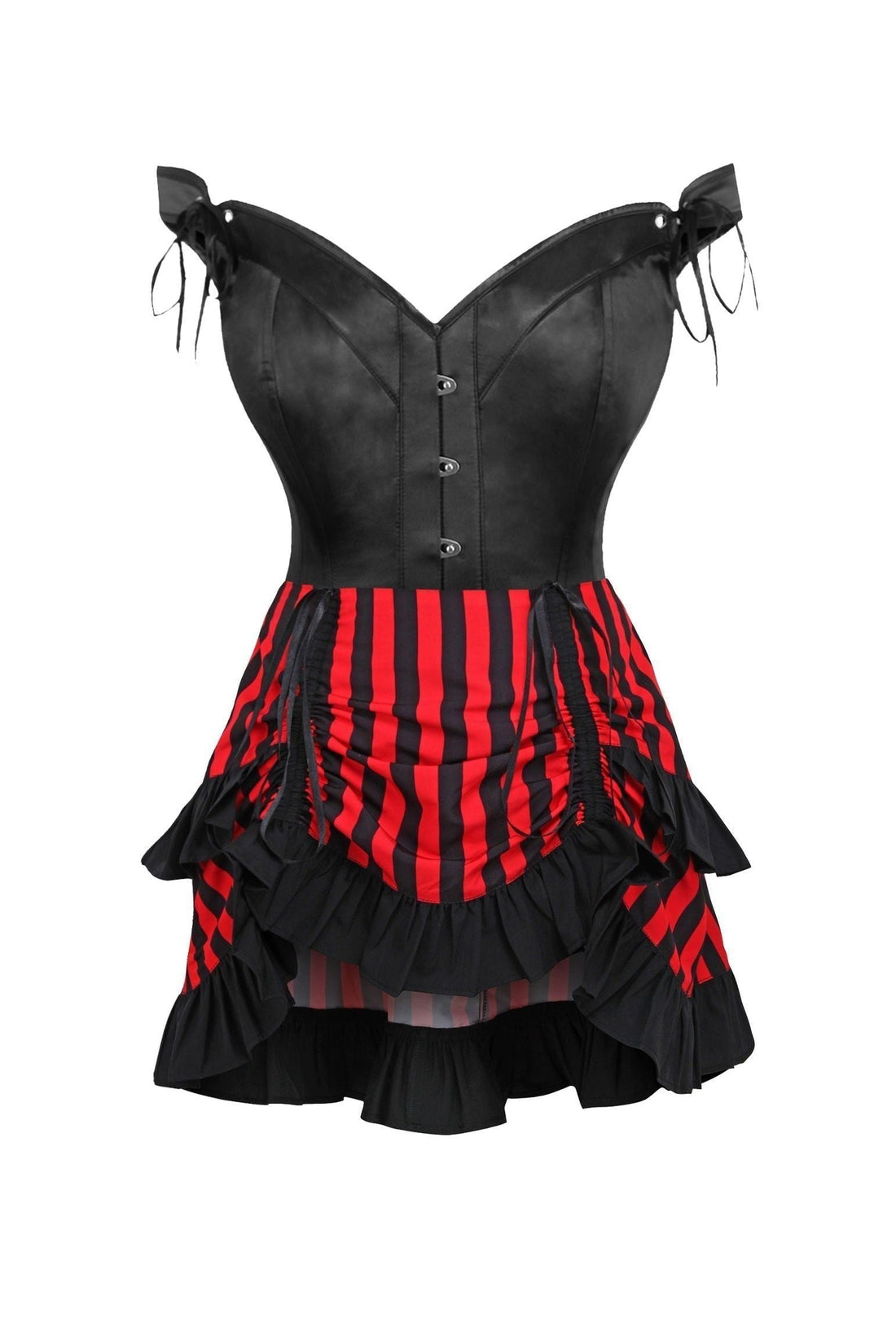 Daisy Corsets Top Drawer 2 PC Black Satin Steel Boned Corset w/Straps & Striped Skirt Set