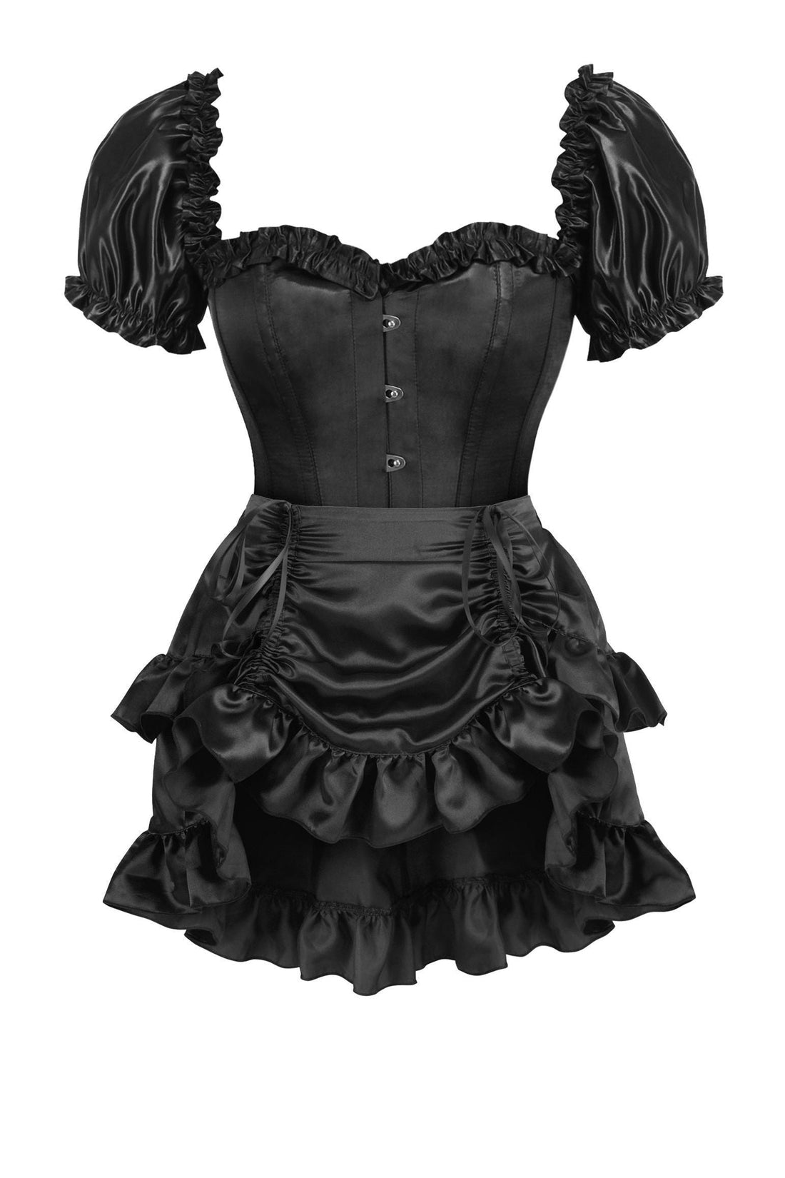 Daisy Corsets Top Drawer 2 PC Black Satin Steel Boned Overbust Corset w/Sleeves & Satin Skirt Set