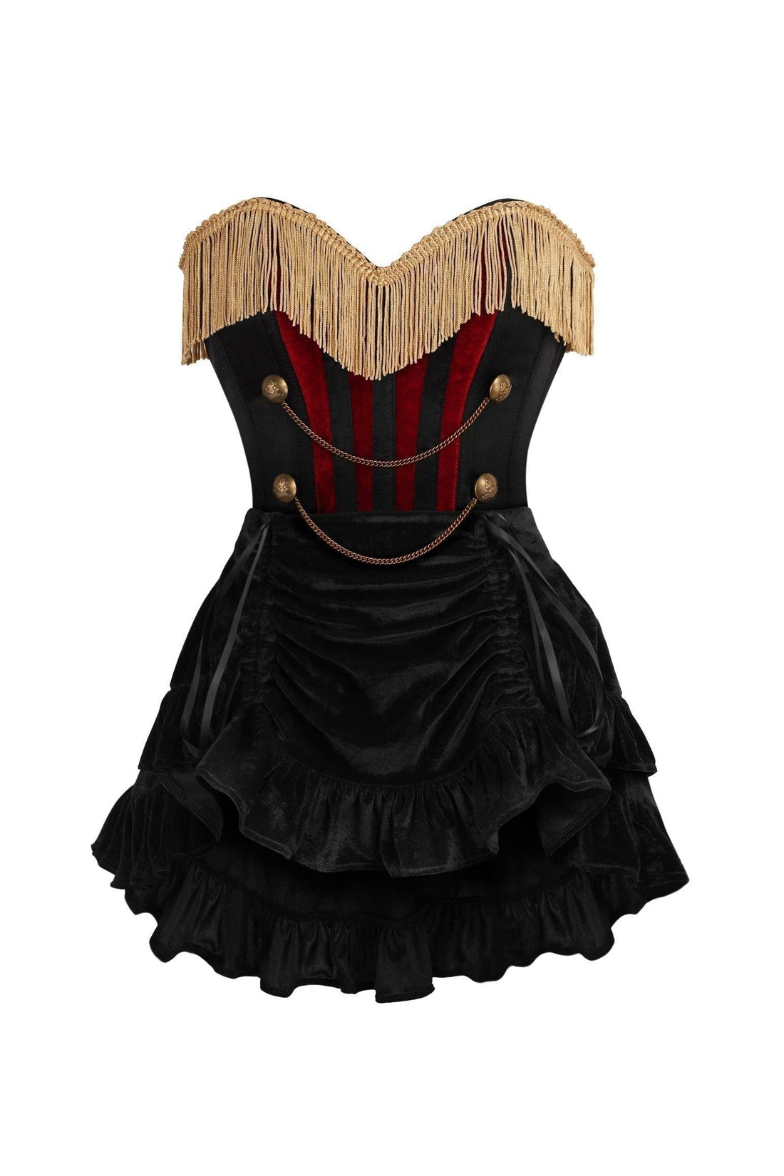 Daisy Corsets Top Drawer 2 PC Burlesque Black & Dark Red Steel Boned Corset w/Gold Fringe & Skirt Set