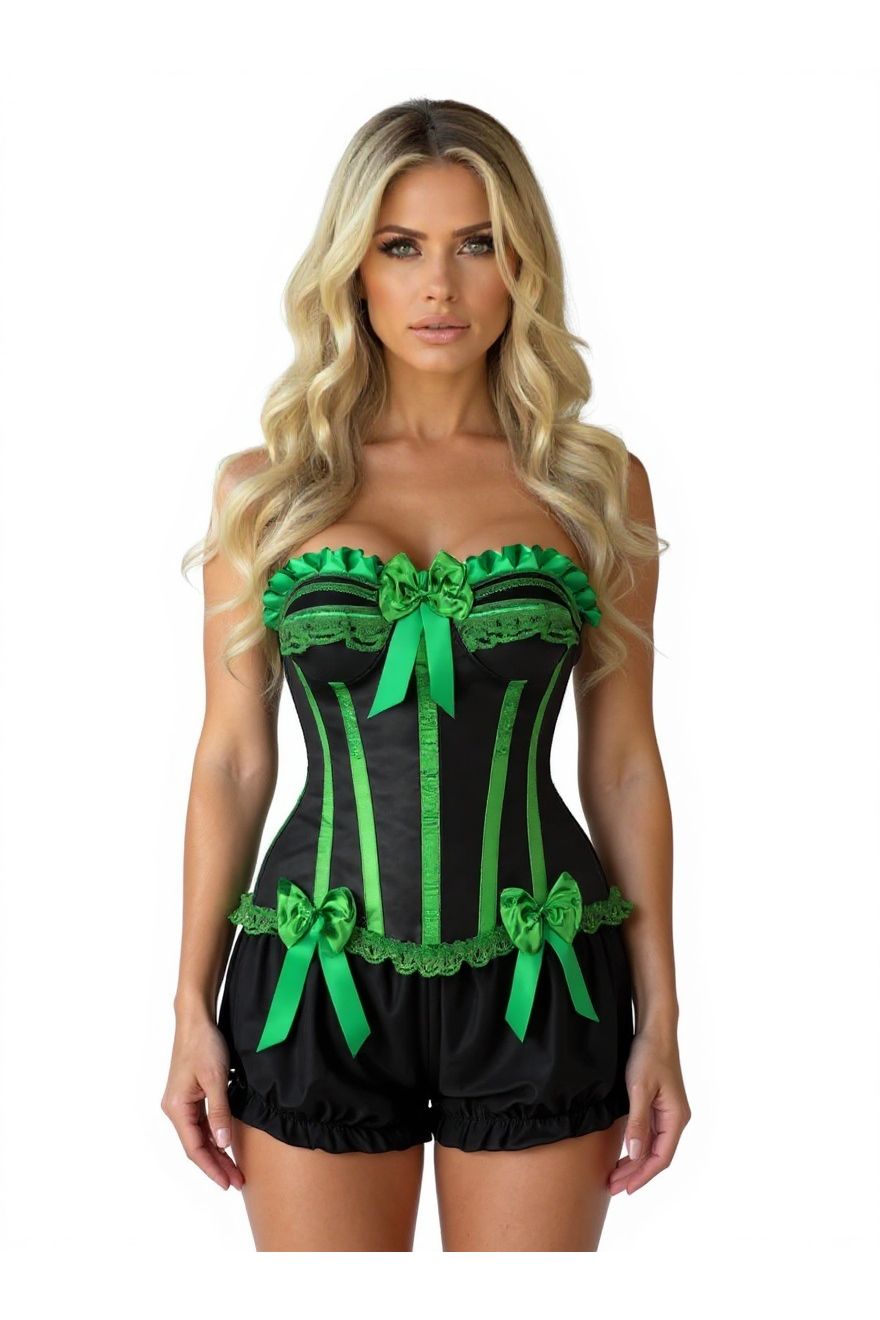 Daisy Corsets Top Drawer 2 PC Green/Black Burlesque Steel Boned Corset & Bloomer Set