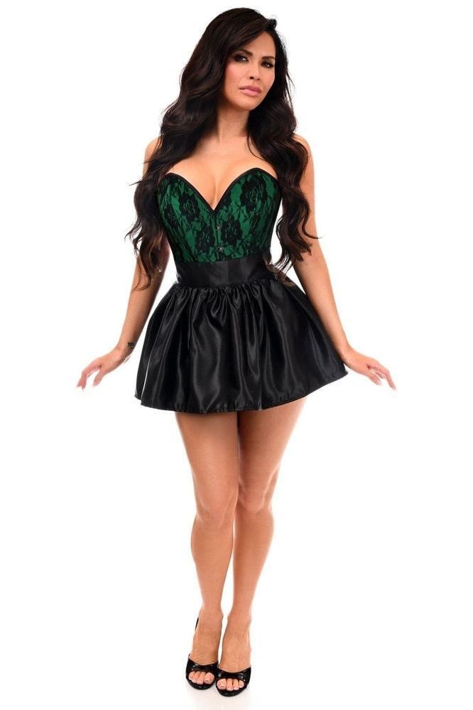 Daisy Corsets Top Drawer 2 PC Green/Black Lace Steel Boned Corset & Satin Skirt Set