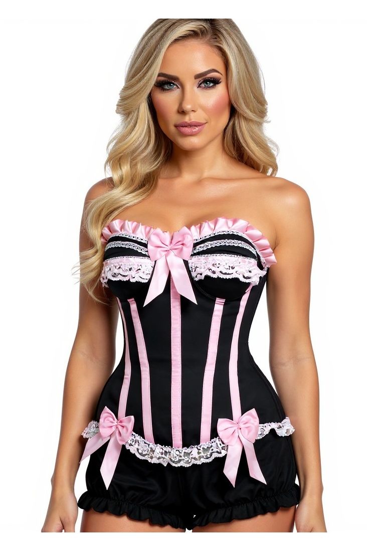 Daisy Corsets Top Drawer 2 PC Pink/Black Burlesque Steel Boned Corset & Bloomer Set