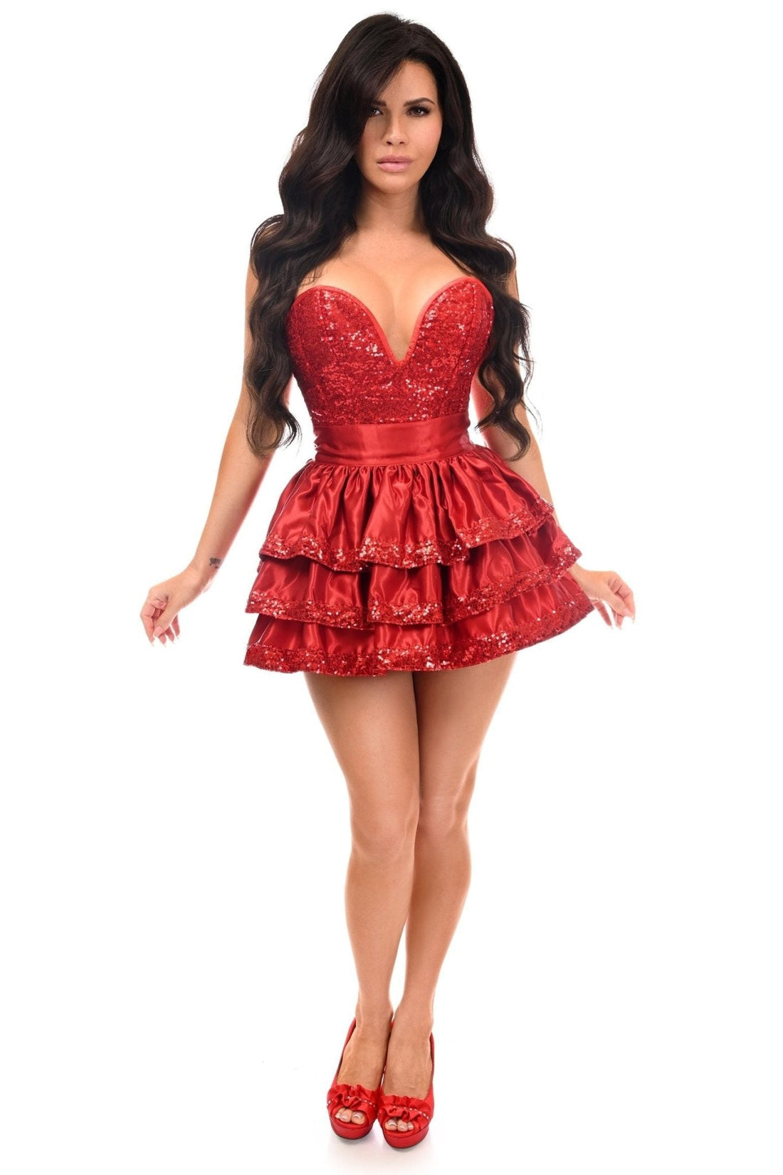 Daisy Corsets Top Drawer 2 PC Red Sequin Steel Boned Corset & Skirt Set