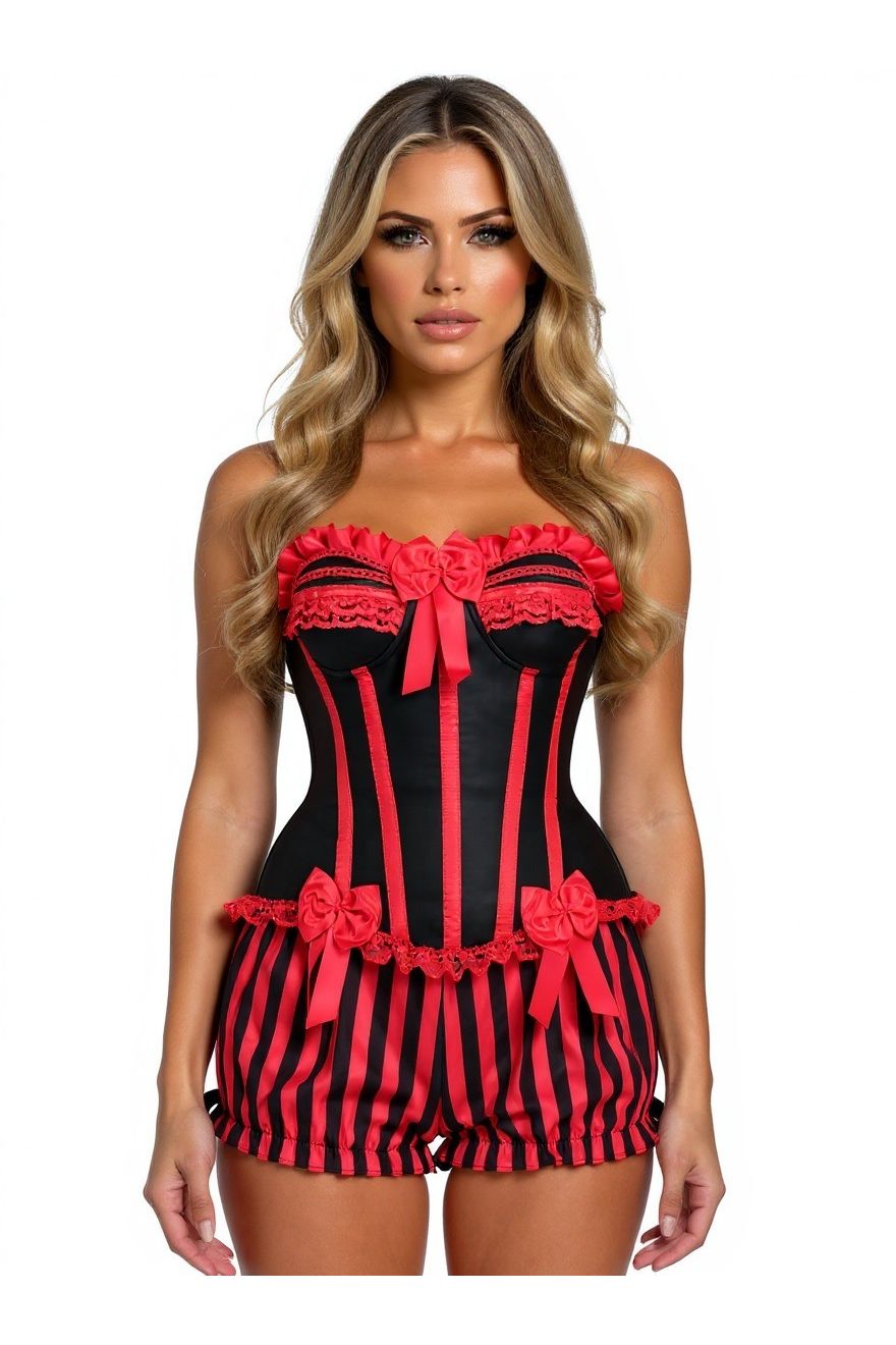 Daisy Corsets Top Drawer 2 PC Red/Black Striped Burlesque Steel Boned Corset & Bloomer Set