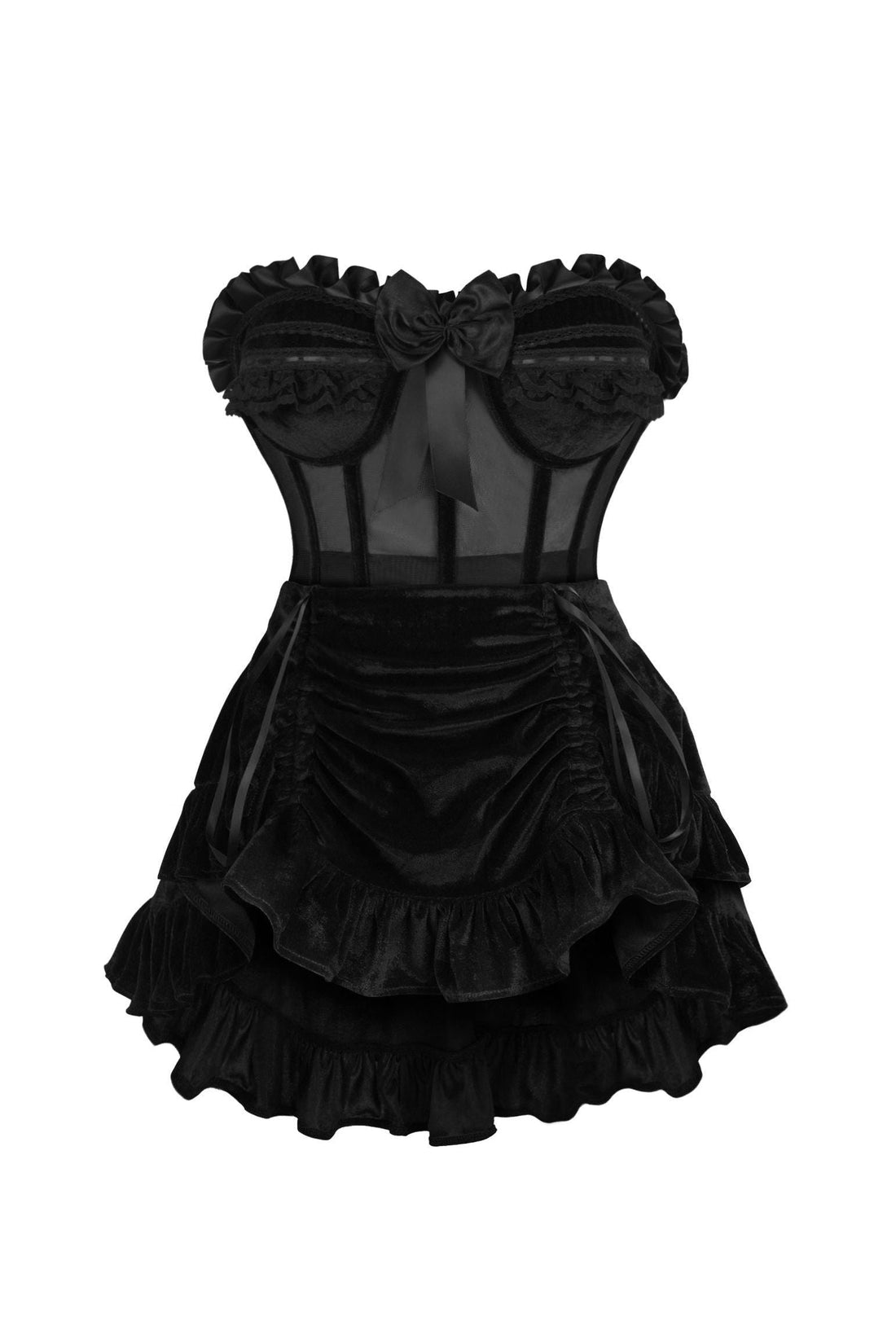 Daisy Corsets Top Drawer 2 PC Steel Boned Black Mesh & Velvet Underwire Bustier Corset & Skirt Set