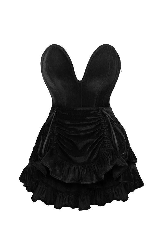 Daisy Corsets Top Drawer 2 PC Steel Boned Black Velvet Plunge Corset & Skirt Set
