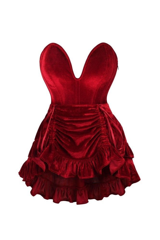 Daisy Corsets Top Drawer 2 PC Steel Boned Dark Red Velvet Plunge Corset & Skirt Set