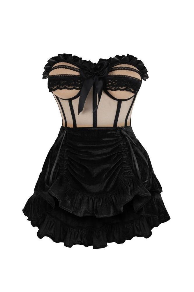 Daisy Corsets Top Drawer 2 PC Steel Boned Nude & Black Mesh Underwire Bustier Corset & Skirt Set