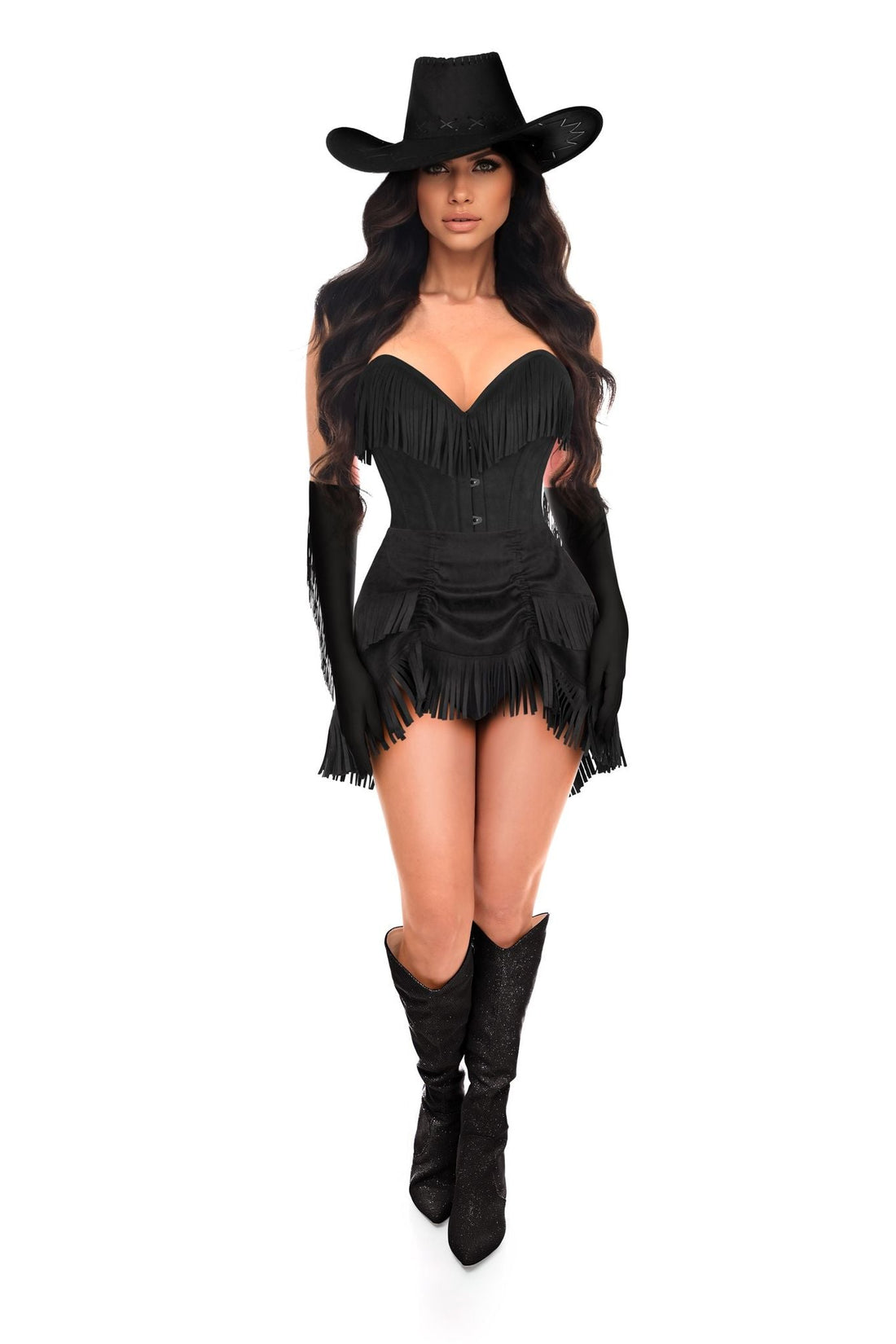 Daisy Corsets Top Drawer 4 PC Premium Black Suede Fringe Cowgirl Corset Costume
