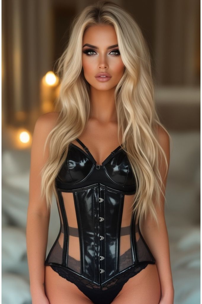 Daisy Corsets Top Drawer Black Patent & Nude Mesh Steel Boned Under Bust Corset