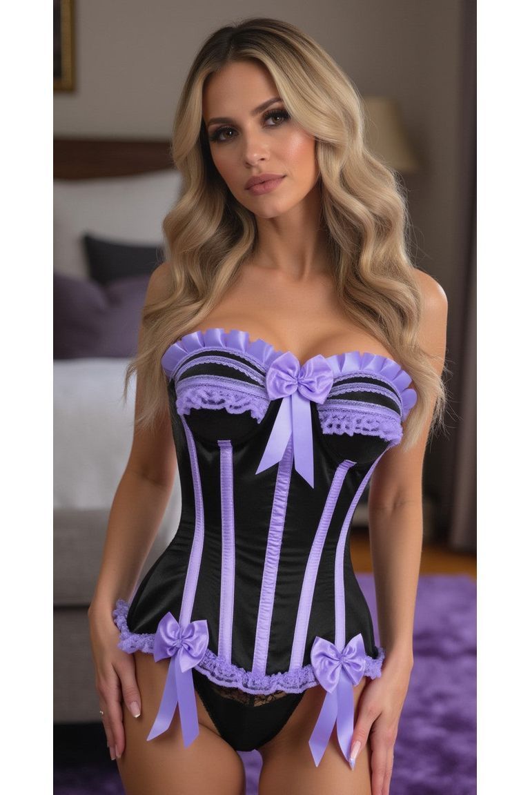 Daisy Corsets Top Drawer Black/Lavender Satin Steel Boned Burlesque Corset