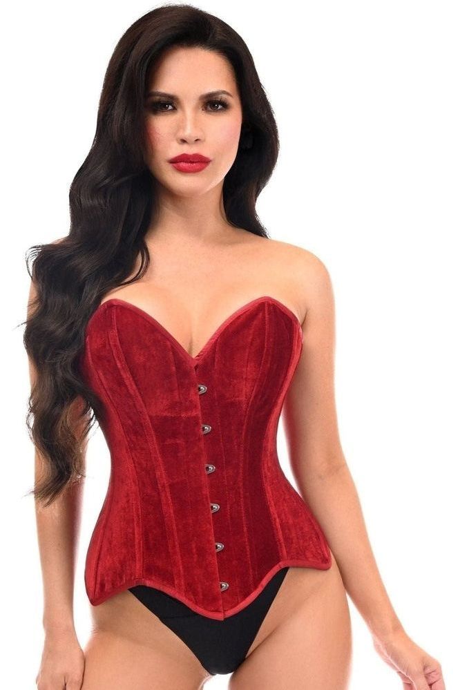 Daisy Corsets Top Drawer Dark Red Velvet Steel Boned Overbust Corset