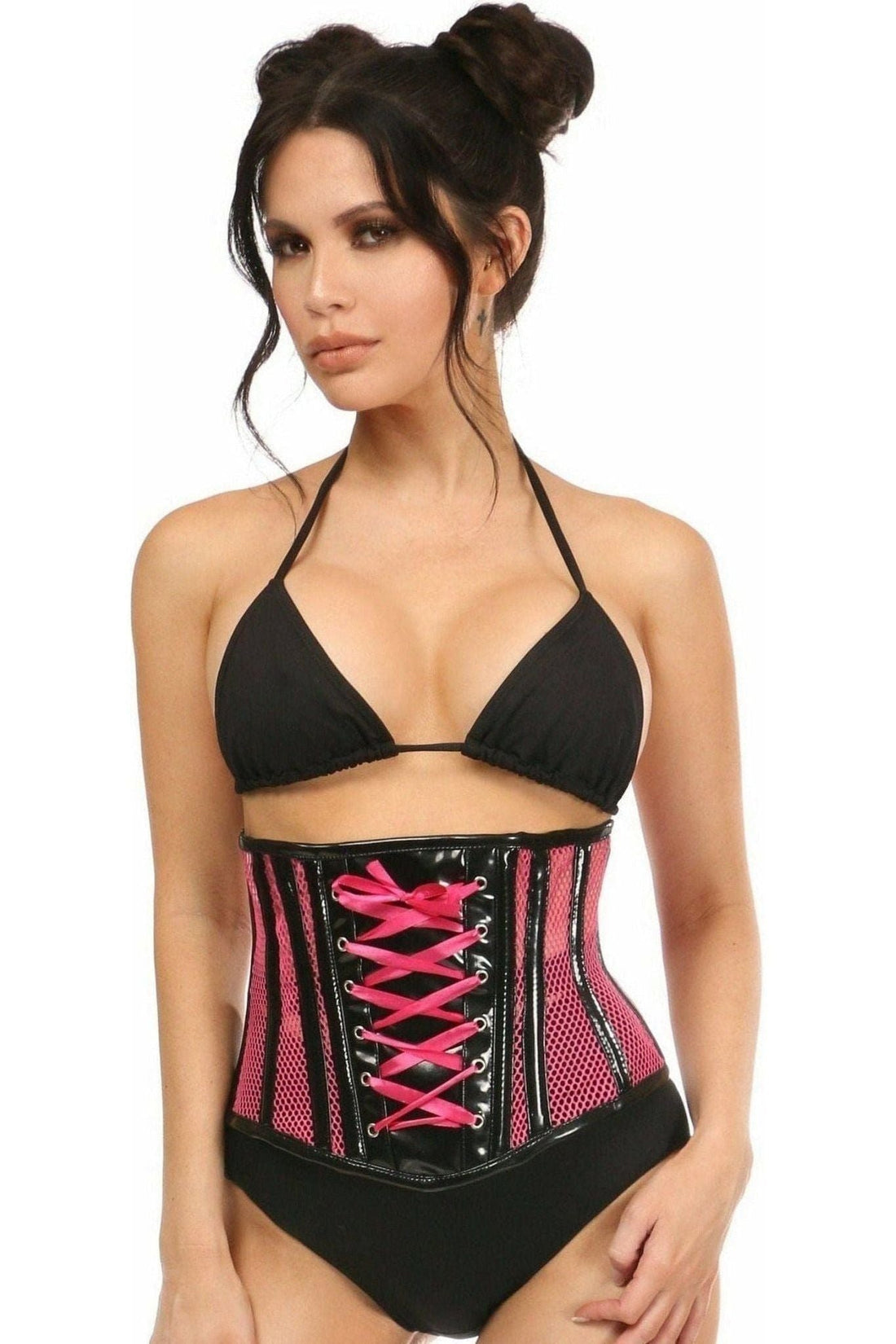 Daisy Corsets Top Drawer Neon Pink Patent & Fishnet Underbust Corset