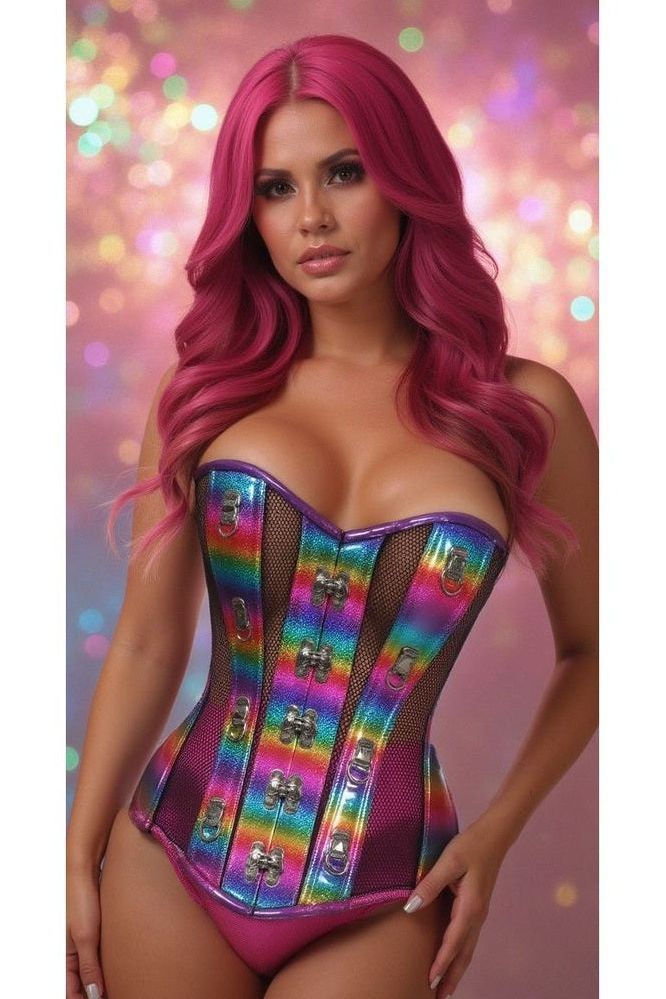 Daisy Corsets Top Drawer Rainbow Glitter PVC & Black Fishnet Steel Boned Over Bust Corset