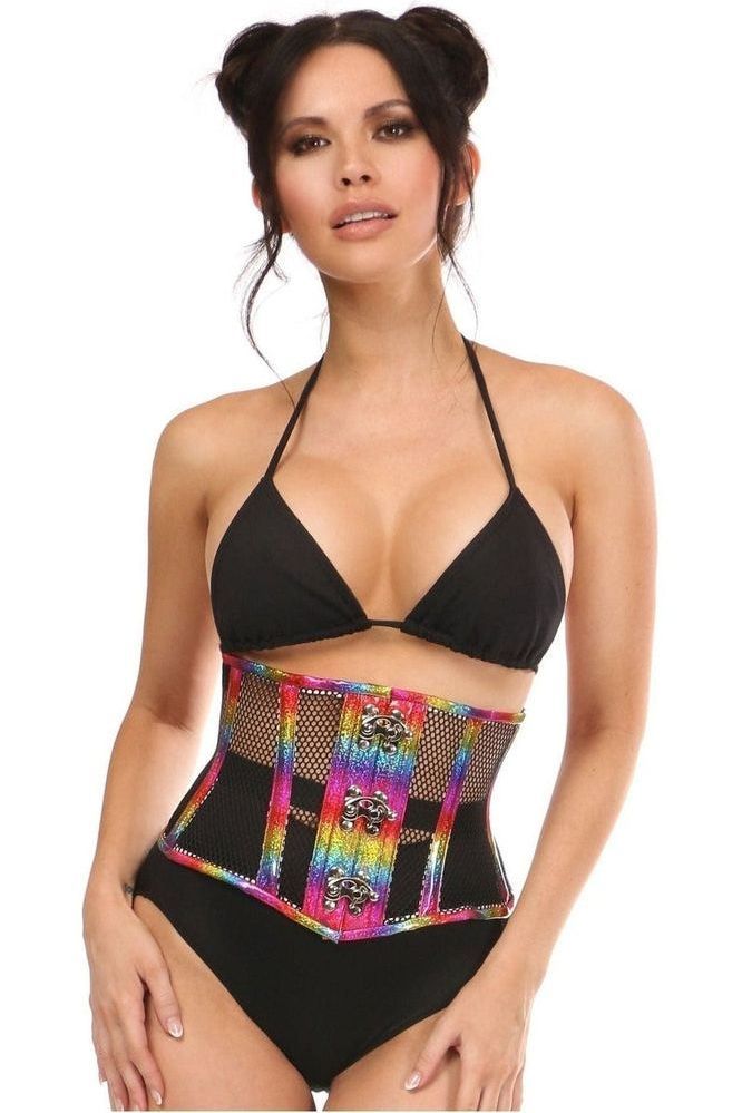 Daisy Corsets Top Drawer Rainbow Glitter PVC Steel Boned Mini Cincher w/Clasps