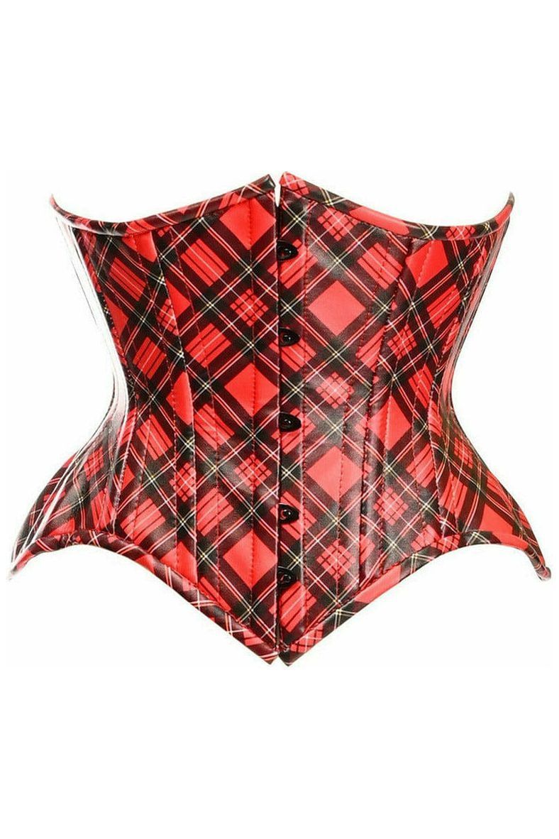Daisy Corsets Top Drawer Red Plaid Faux Leather Double Steel Boned Curvy Cut Waist Cincher Corset