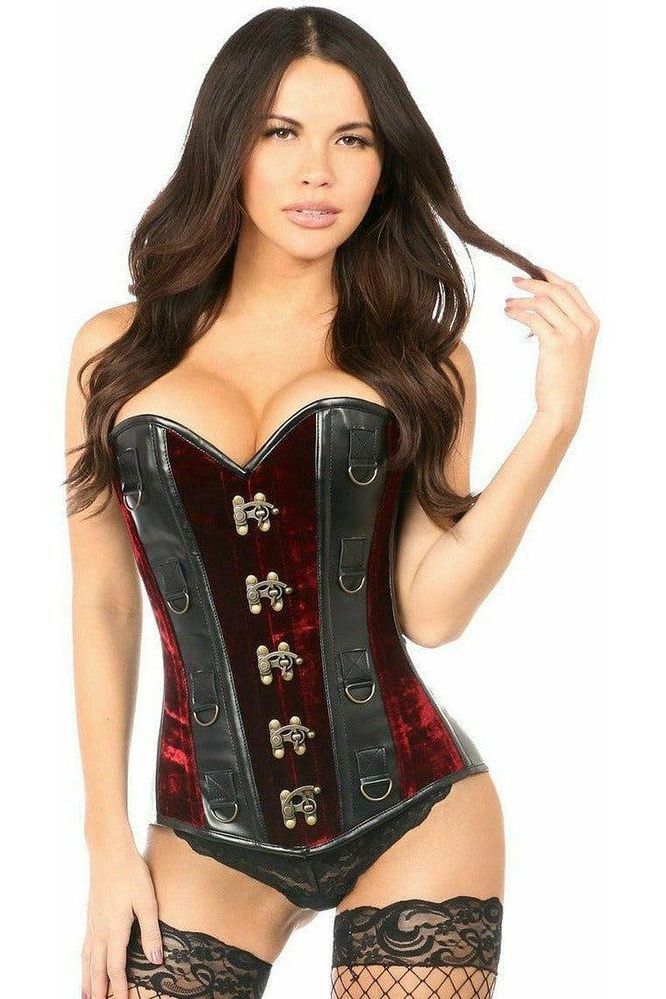 Daisy Corsets Top Drawer Red Velvet & Faux Leather Steel Boned Corset