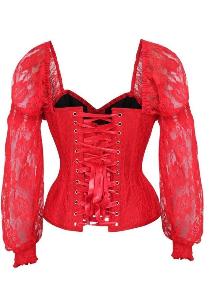 Daisy Corsets LIMITED EDITION Top Drawer Red w/Red Lace Steel Boned Long Sleeve Corset