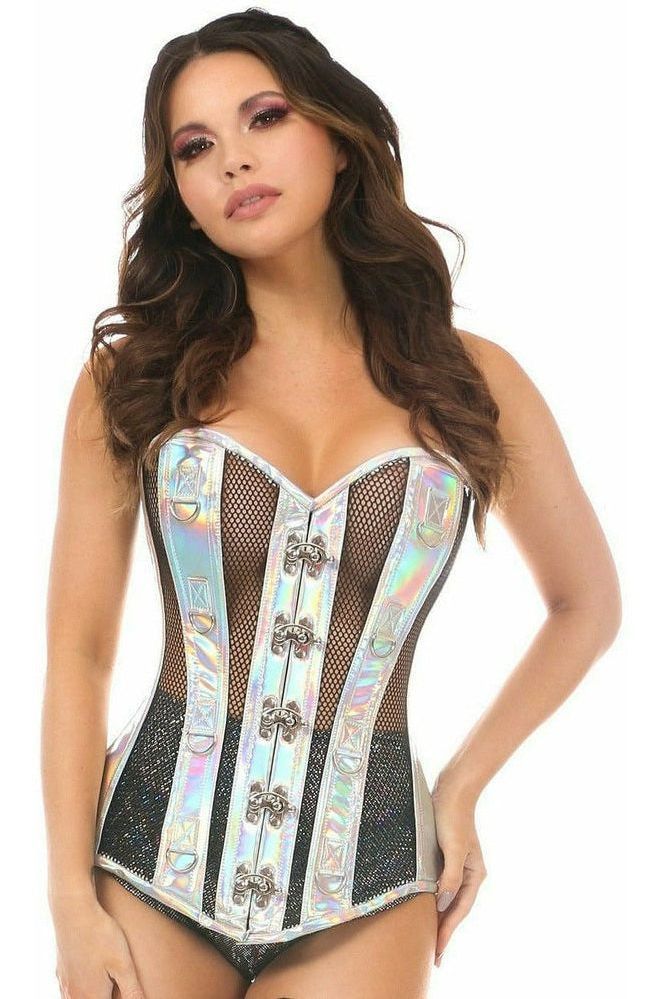 Daisy Top Drawer Silver Holo & Black Fishnet Steel Boned Over Bust Corset