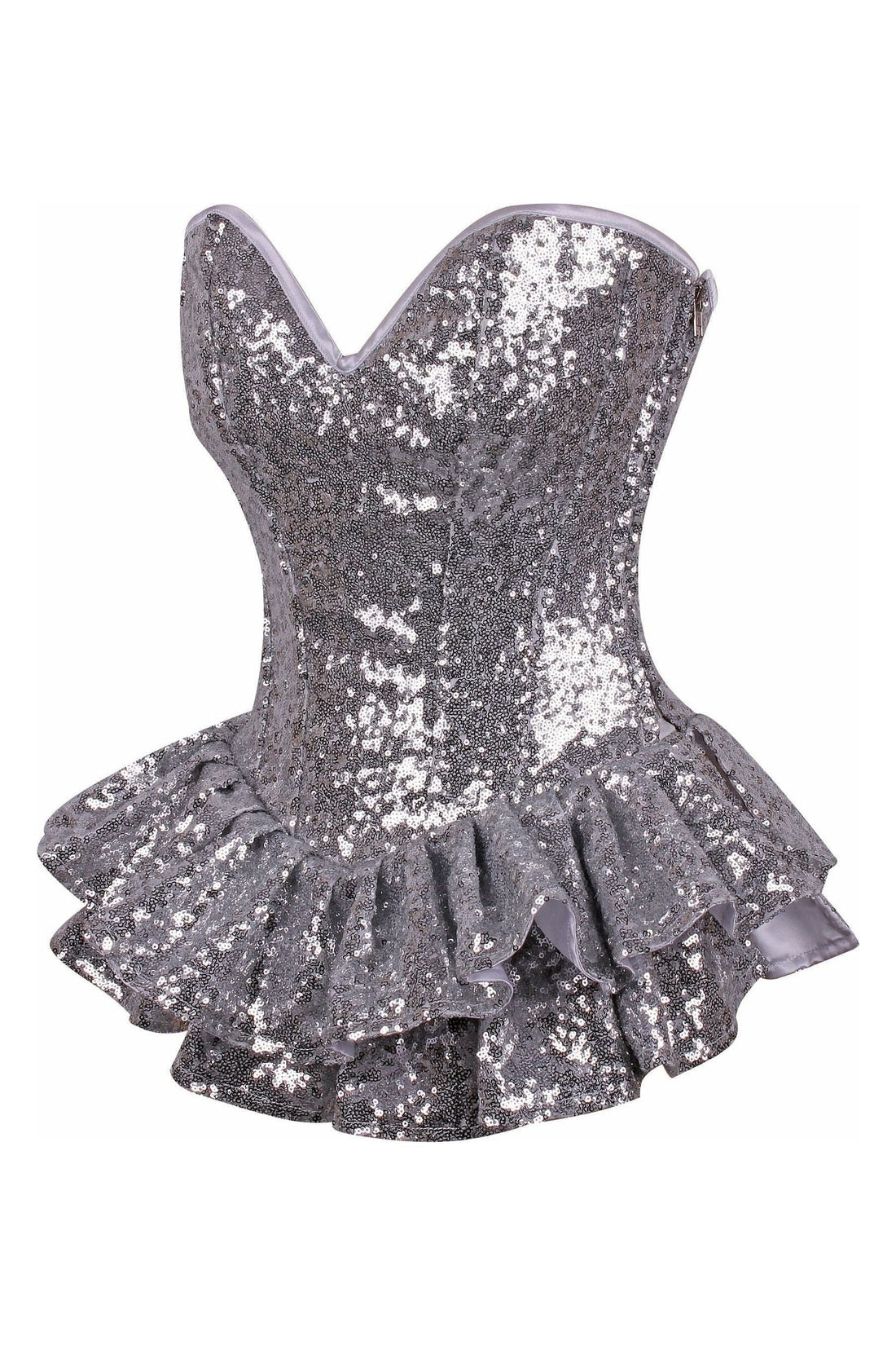Daisy Corsets Top Drawer Silver Sequin Steel Boned Mini Corset Dress