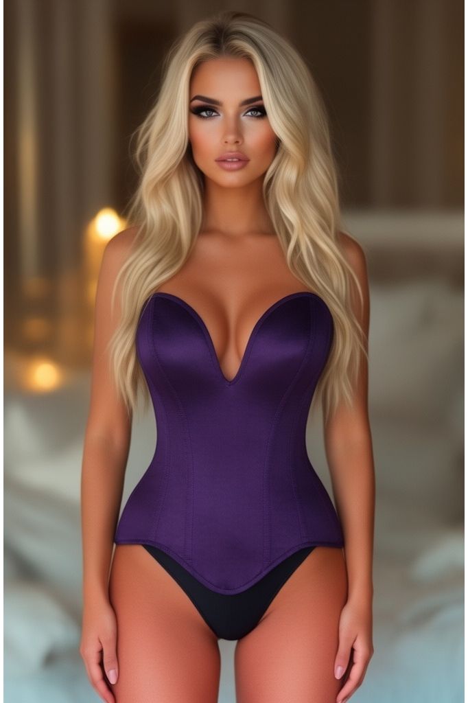 Daisy Corsets Top Drawer Steel Boned Plum Satin Plunge Neckline Overbust Corset