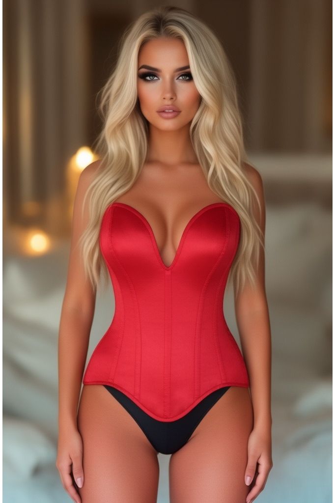 Daisy Corsets Top Drawer Steel Boned Red Satin Plunge Neckline Overbust Corset