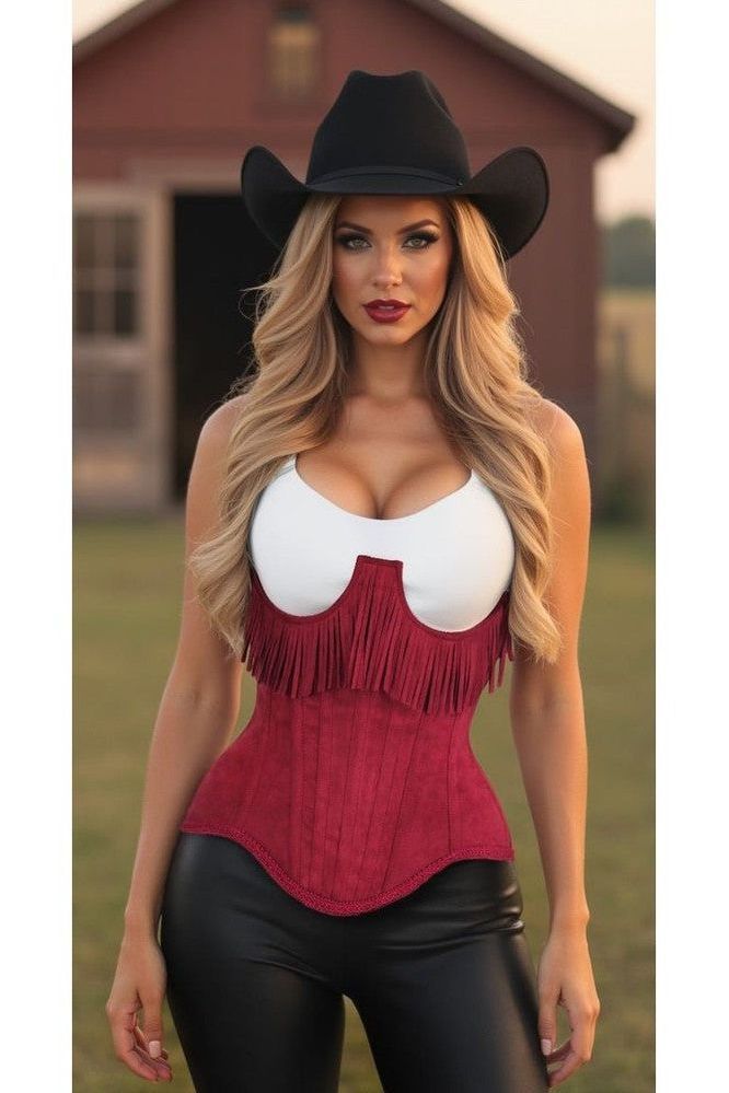 Daisy Top Drawer Steel Boned Red Suede Underwire Underbust Corset Cincher w/ Fringe