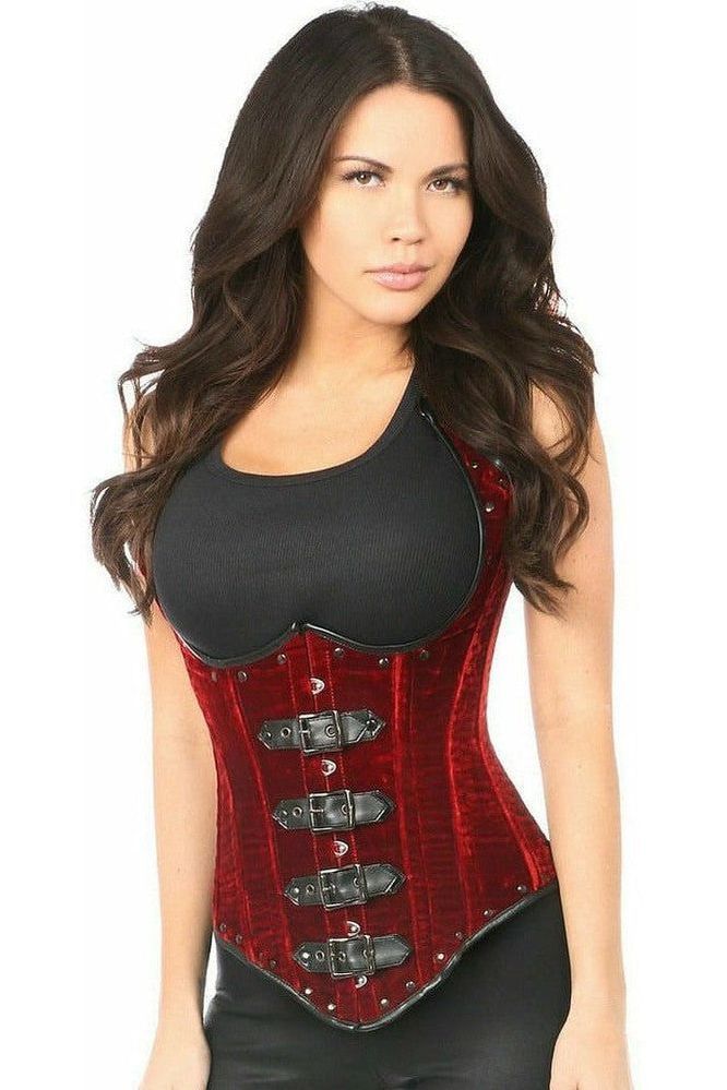 Daisy Corsets Top Drawer Steel Boned Red Velvet Underbust Corset w/Buckling