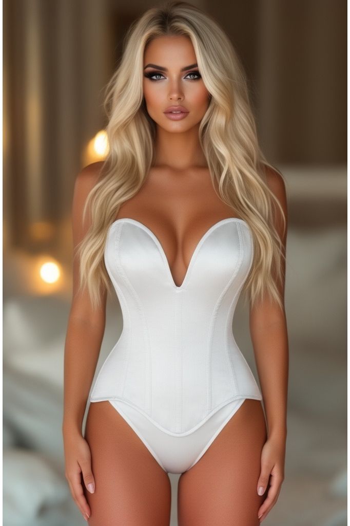 Daisy Corsets Top Drawer Steel Boned White Satin Plunge Neckline Overbust Corset