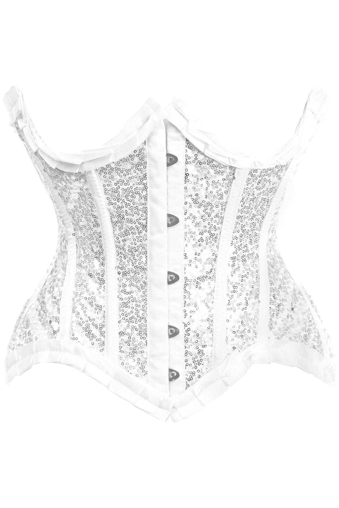 Daisy Corsets Top Drawer White/Silver Satin & Sequin Underwire Curvy Cut Steel Boned Waist Cincher Corset