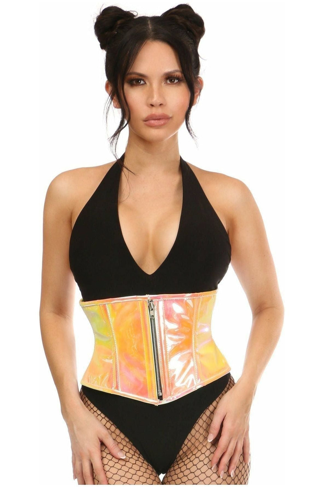 Daisy Corsets Top Drawer Yellow/Pink Holo Steel Boned Mini Cincher