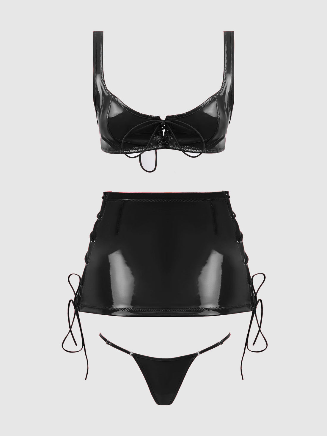 Trinity Patent Lace Up Bralette, Skirt & G-String Set