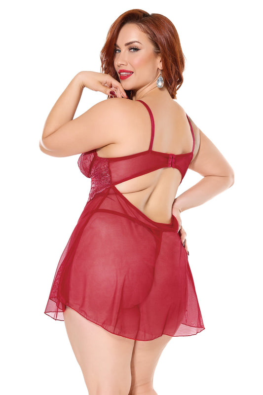 Coquette Diva Metallic Scallop Lace Sheer Mesh Babydoll Red/Silver