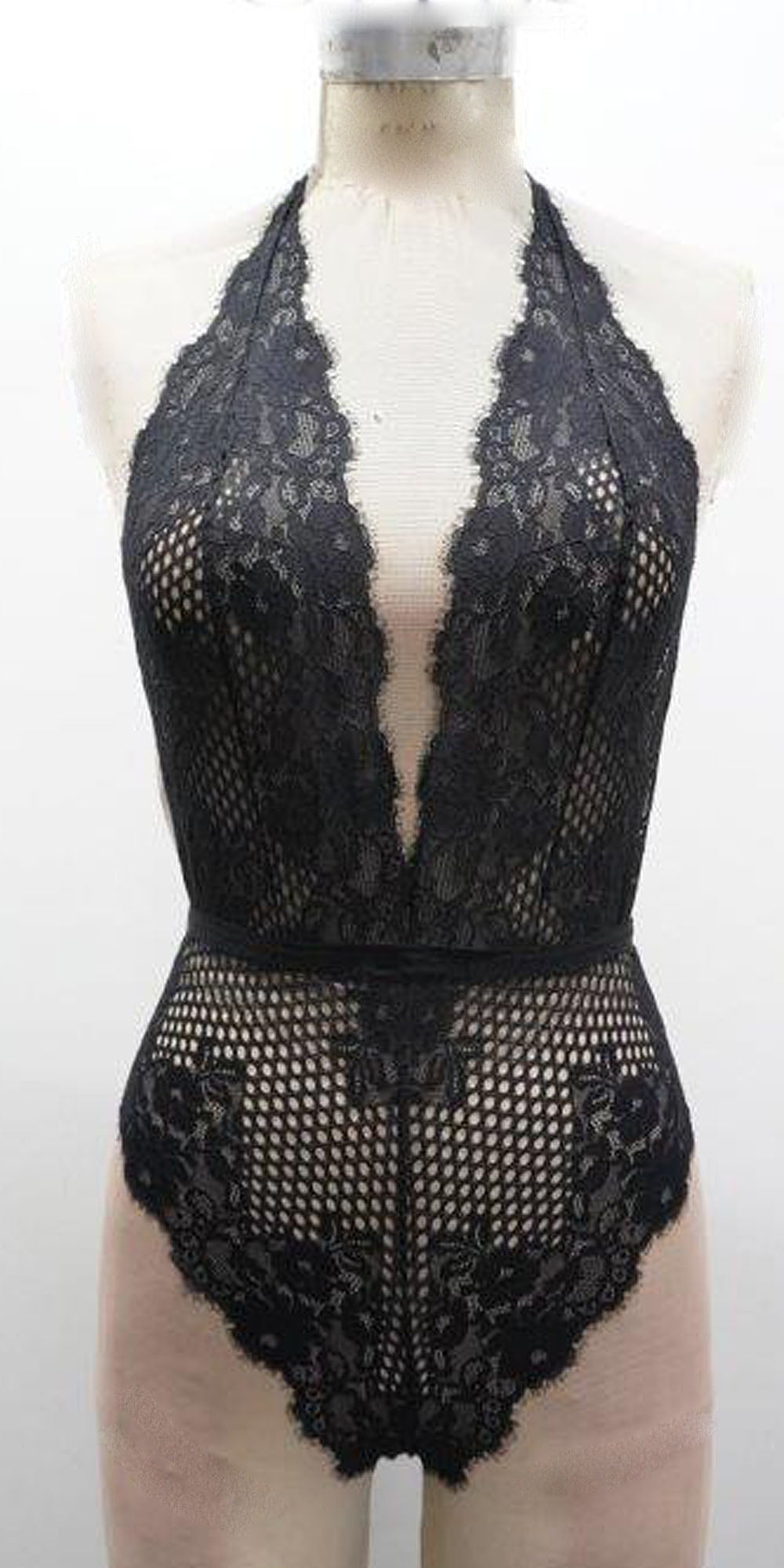 Escante Halter Plunge Front Lace Teddy Black