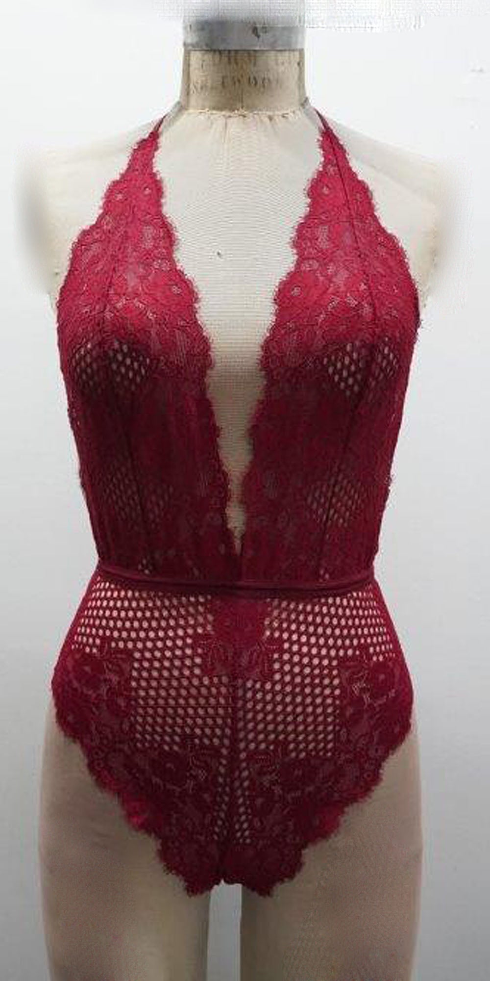 Escante Halter Plunge Front Lace Teddy Wine