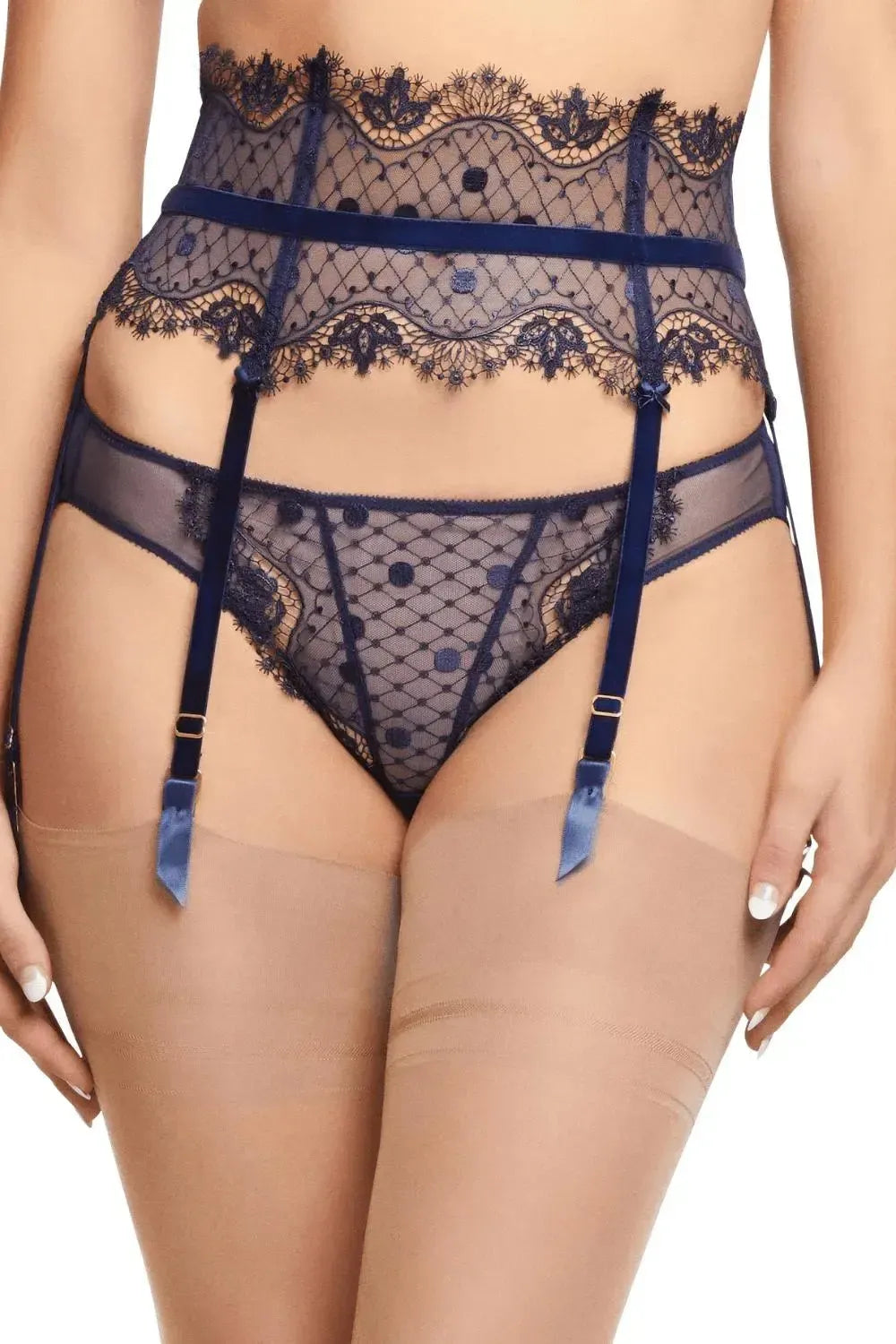 Dita Von Teese Vedette high-waisted navy suspender belt with polka dot sheer tulle, eyelash lace, and velvet straps.