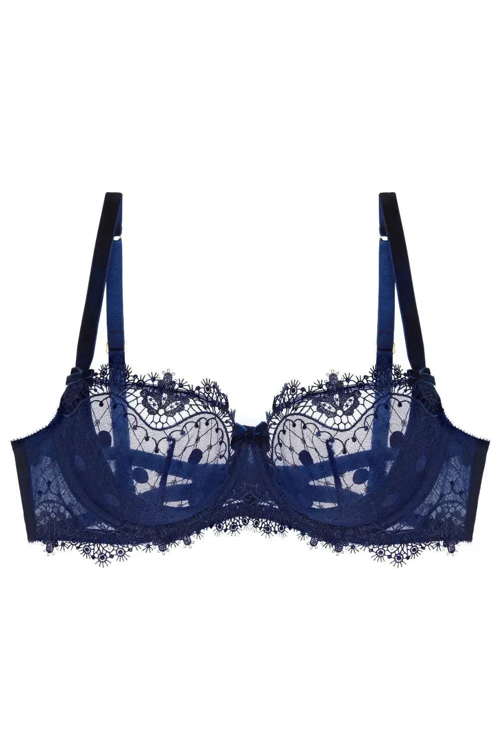 Dita Von Teese Vedette Underwire Bra in navy, featuring sheer polka dot tulle, eyelash lace, and velvet straps.