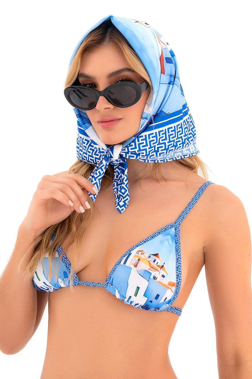 Mapale Versatile Square Scarf Worn as a Headwrap Bandana and Chic Bandeau Santorini Blue
