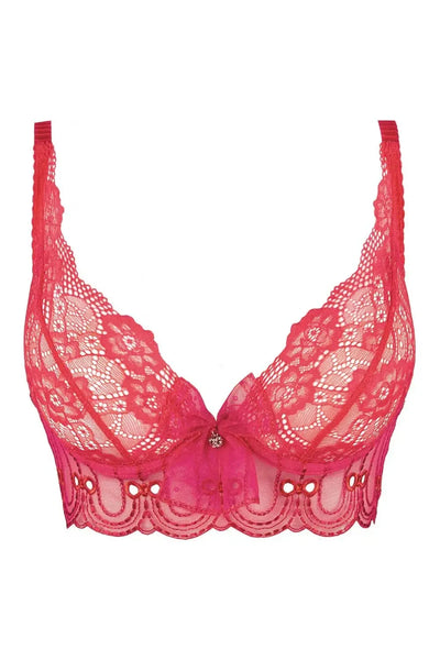 Axami Watermelon longline unlined bra in neon red sheer lace with pink accents and rhinestone charm.