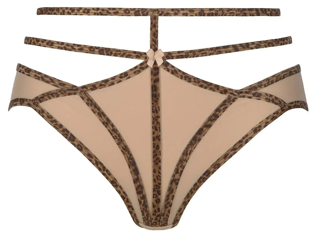 Axami Wild Botanical Bikini Briefs: silky smooth beige microfiber with bold panther motif stripes and tempting back.