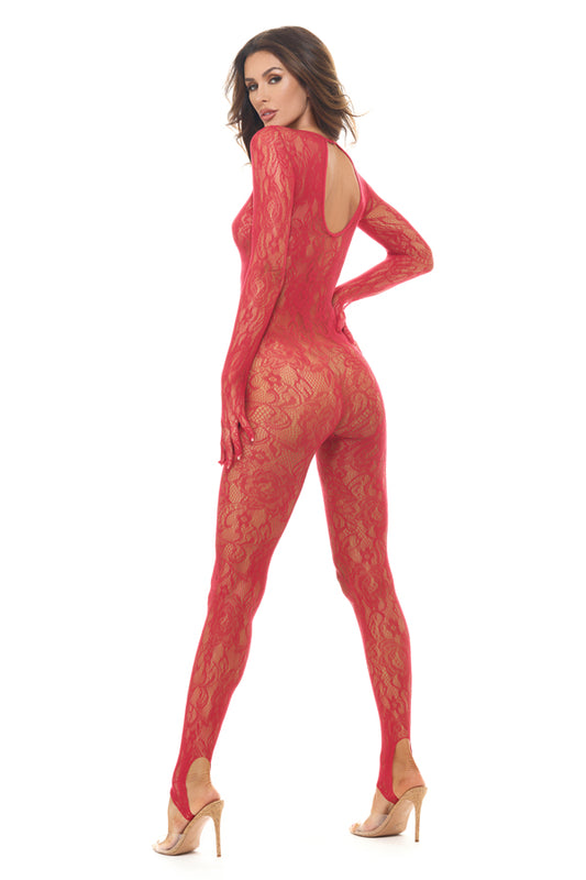 Rene Rofe Split Up Lace Bodystocking Red